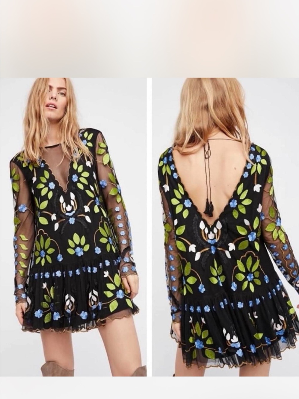 Free People ‘Hearts Are Wild’ Floral Embroidered Long-Sleeve Mini Dress S